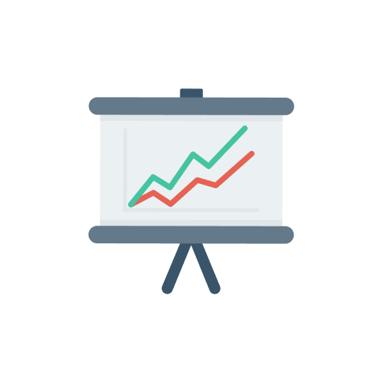 Graphic of an easel with a chart graph and 2 different lines showing growth.