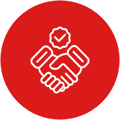 Red and white icon showing a pair of hands shaking in agreement.