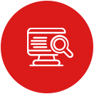 Red and white icon referencing keyword research.