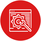 Red and white icon referencing technical search engine optimization.